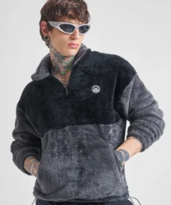 Men Black Mock Collar Pullover Sweatshirt