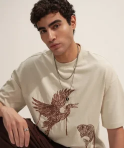 Beige Embroidered Round Neck Oversized Fit T-Shirt