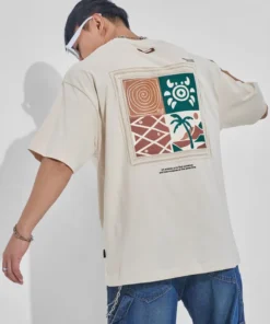 Cream Printed Round Neck Oversized Fit T-Shirt