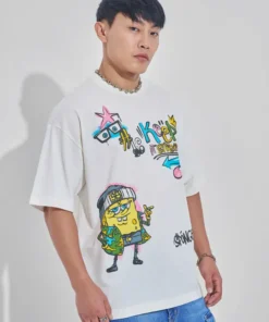 Off White Spongebob Squarepants Printed Round Neck Oversized Fit T-Shirt