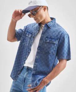 Men’s Self-Textured Blue Denim Casual Shirt