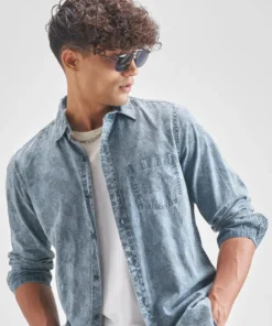 Men’s Blue Patterned Slim Fit Denim Shirt