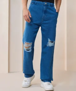 Men’s Blue Mid-Rise Distressed Straight Jeans