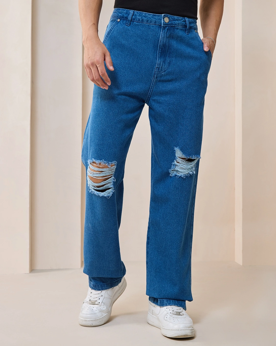 Men’s Blue Mid-Rise Distressed Straight Jeans