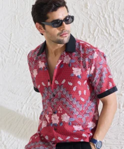 Stylish Red Motif Shirt Featuring Bold Patterns and a Sophisticated Urban Look