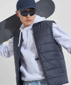 Navy Blue Solid Puffer Jacket For Men