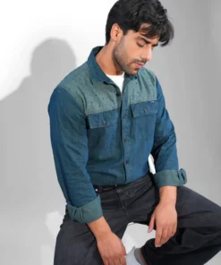 Emerald Avian Dual-Tone Casual Denim Shirt