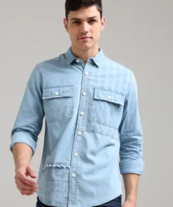 Misty Blue Casual Denim Shirt For Men