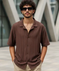 Almond Brown Textured Oversized Shirt for Men Offering Effortless Comfort and Modern Style