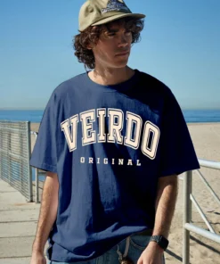 Oversized Fit Navy T Shirt Featuring Distinctive Typography Brand Print for a Trendy Look