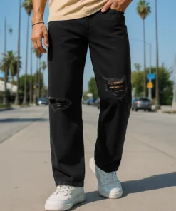 Black Baggy Fit Distressed Mid-Rise Jeans