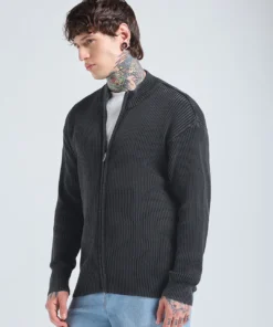 Men’s Black Acid Wash Textured Zip-Up Sweater