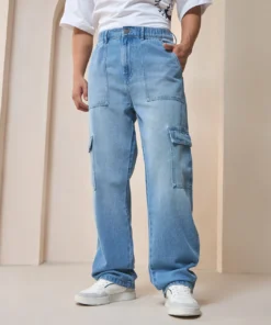 Blue Washed Baggy Fit Cargo Mid- Rise Jeans