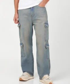 Men’s Blue Straight Fit Washed Cargo Jeans