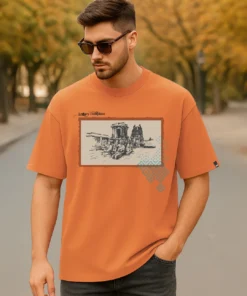 Mens Oversized T Shirt in Warm Caramel Orange Shade Showcasing a Distinctive Legacy Print