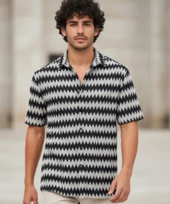 Mens Oversized Shirt in Deep Jet Black Shade Designed with Subtle Texture and Effortless Charm