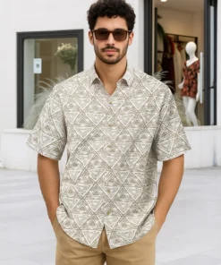 Tan Brown Mens Shirt with All Over Printed Design Offering a Relaxed and Fashion Forward Vibe